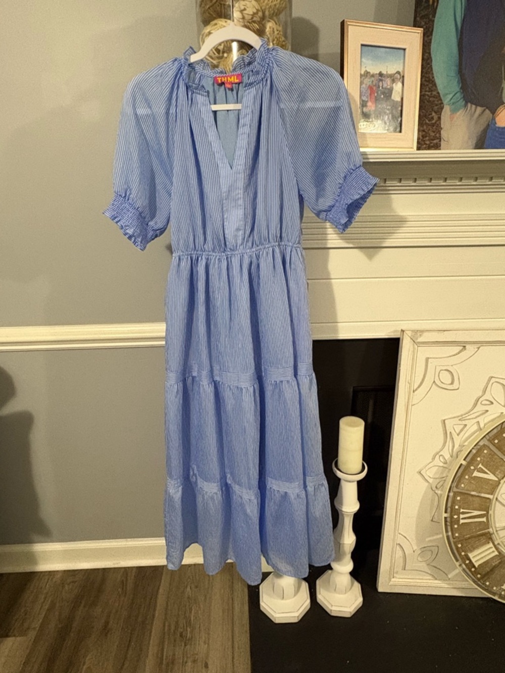 THML Light Blue Striped Tiered Maxi Dress size small